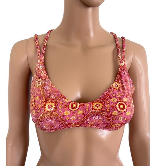 Frankies Bikinis Kaia Top Isla Pink Mosaic Print Strappy Back Bikini Top L NWT - Picture 1 of 7